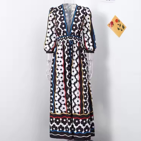 Floral V Neck Puff Sleeve Midi Dress - Picture 3 of 5